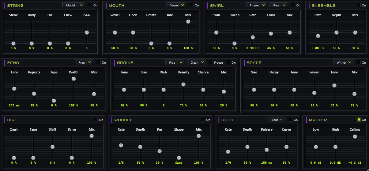Eleven devices in three rows: STRING, MOUTH, SWIRL and ENSEMBLE; ECHO, GRAINS and SPACE; DIRT, WOBBLE, DUCK and MASTER