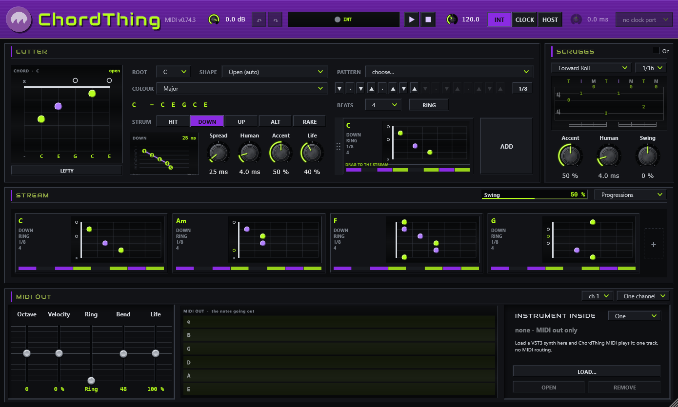 ChordThing MIDI: the CUTTER, SCRUGGS and the STREAM, and the MIDI OUT device with the six-string monitor and INSTRUMENT INSIDE