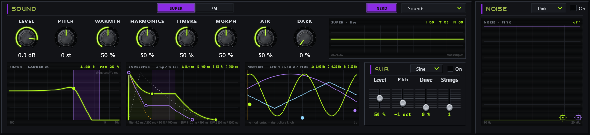 The SOUND card: the engine's macros, the filter, envelope and motion screens, SUB, and the NOISE screen