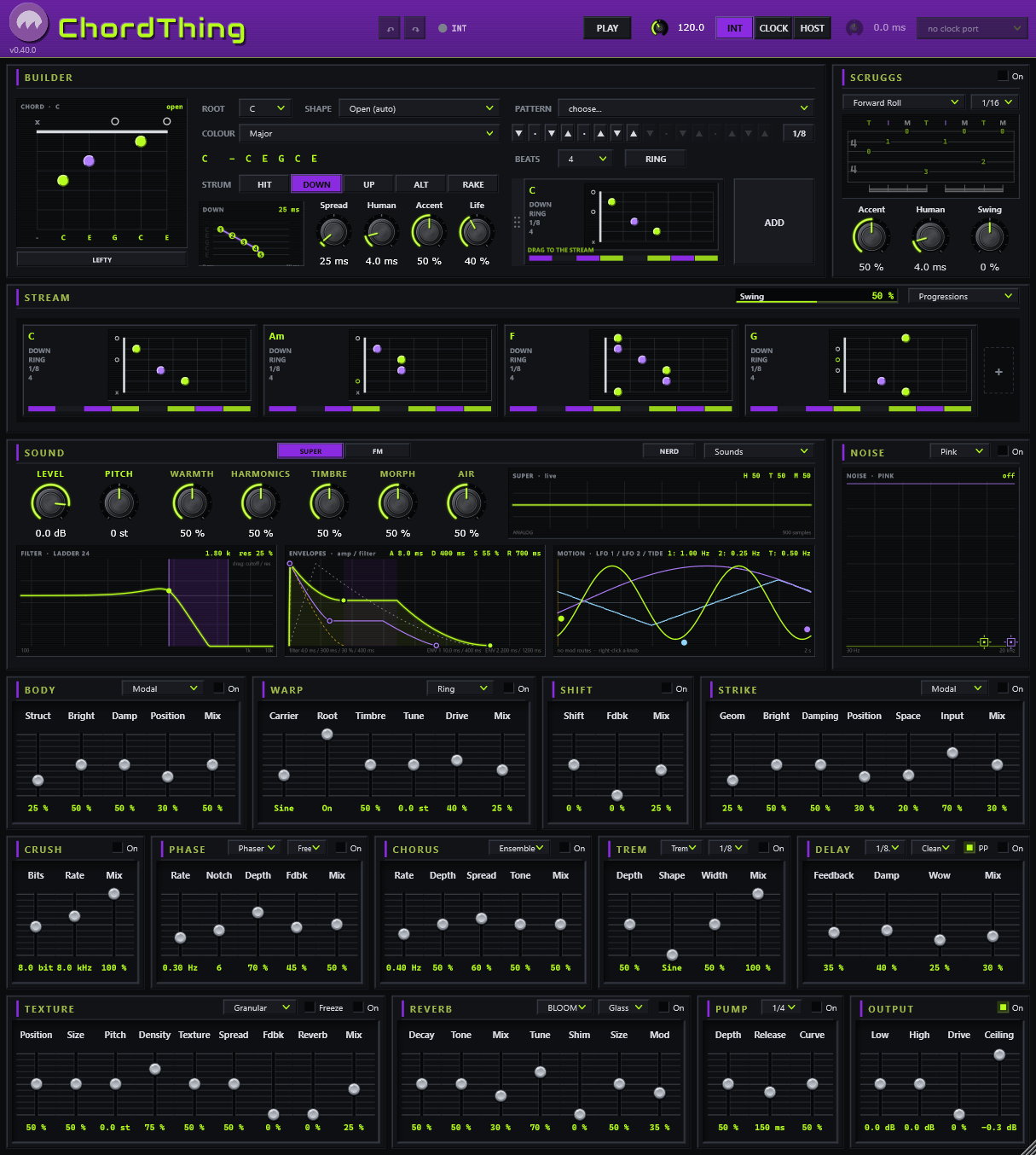 The ChordThing window: the header, the CUTTER with its chord diagram and the SCRUGGS device beside it, the STREAM of chord plates, the SOUND card with its screens and the NOISE screen, and three rows of effects.