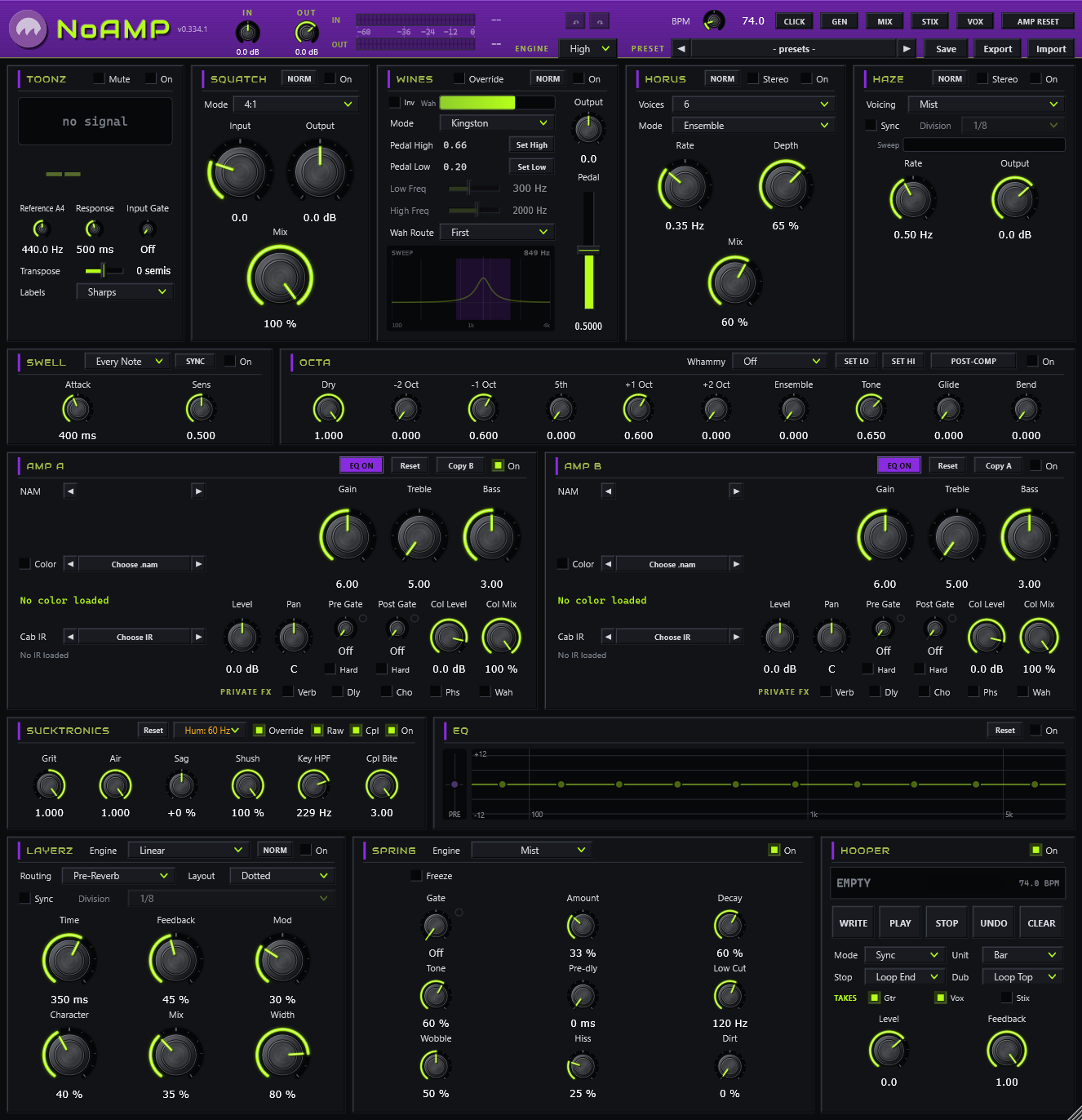 The NoAMP board: the header across the top; TOONZ, SQUATCH, WINES, HORUS and HAZE in the first row; SWELL and OCTA in the second; AMP A and AMP B; SUCKTRONICS and the EQ; LAYERZ, SPRING and HOOPER along the bottom.
