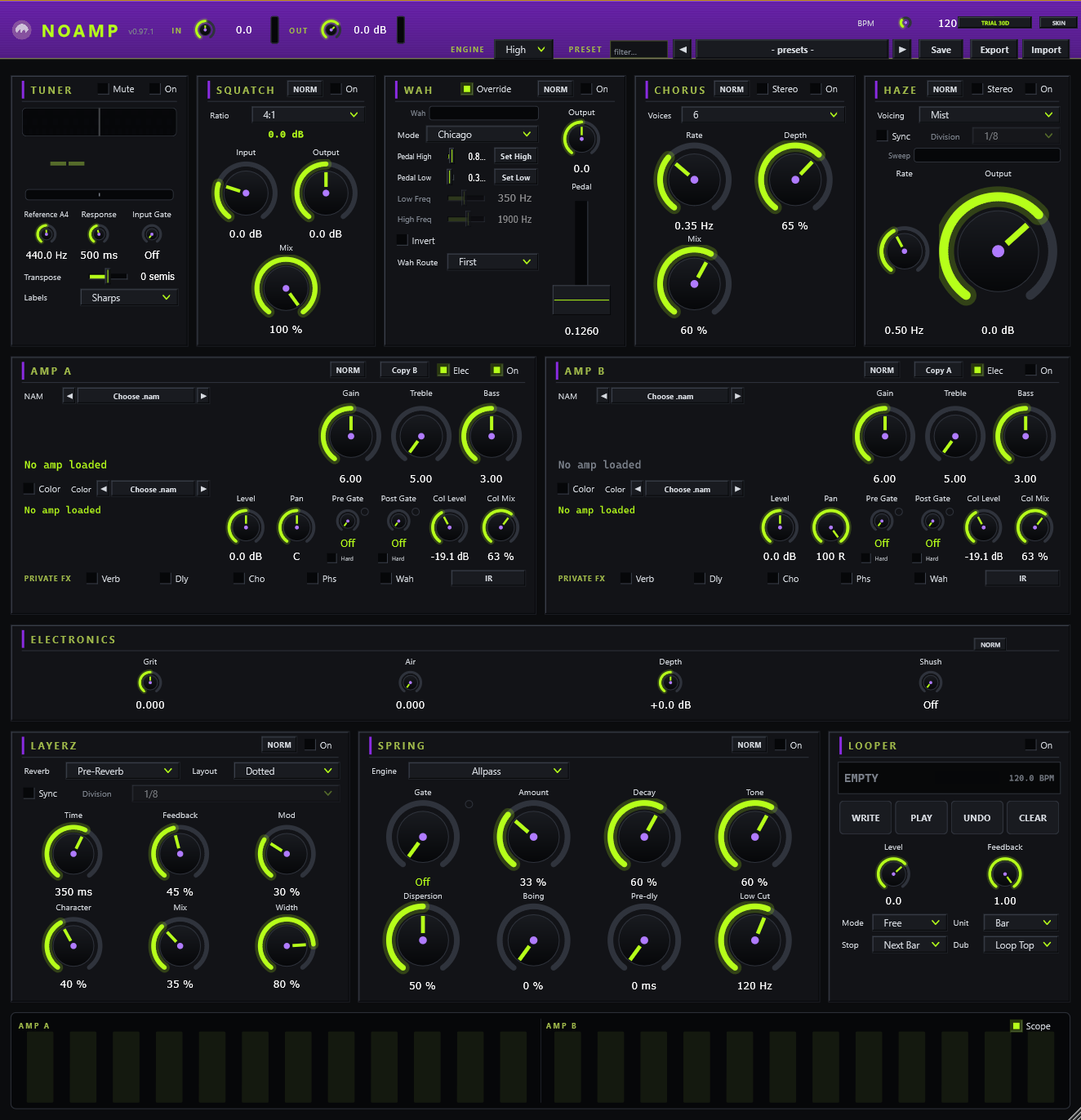 NoAMP — the full board in one window: tuner, compressor, wah, chorus, phaser, two NAM amp slots, electronics, delay, spring reverb and looper