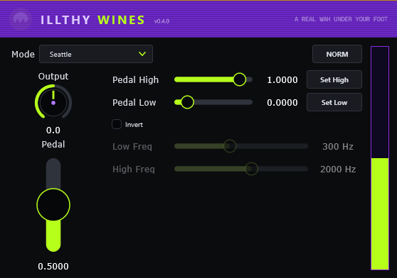Illthy Wines — the vertical pedal UI with voicing, Set Low / Set High calibration and output controls